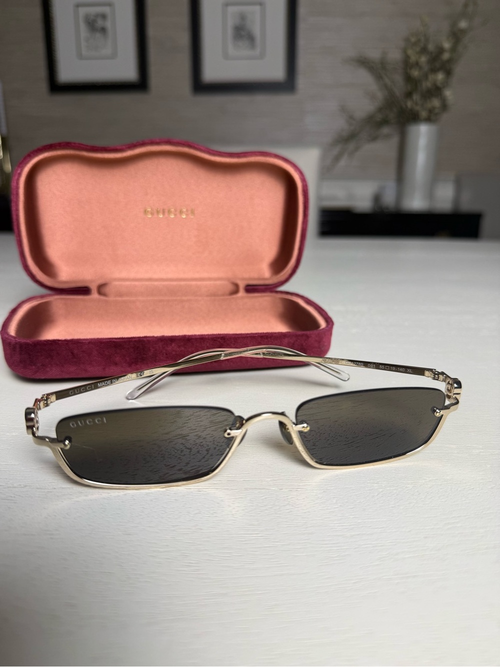 Gucci Gold Frame Black Lens Woman’s Sunglasses with Burgundy Case
